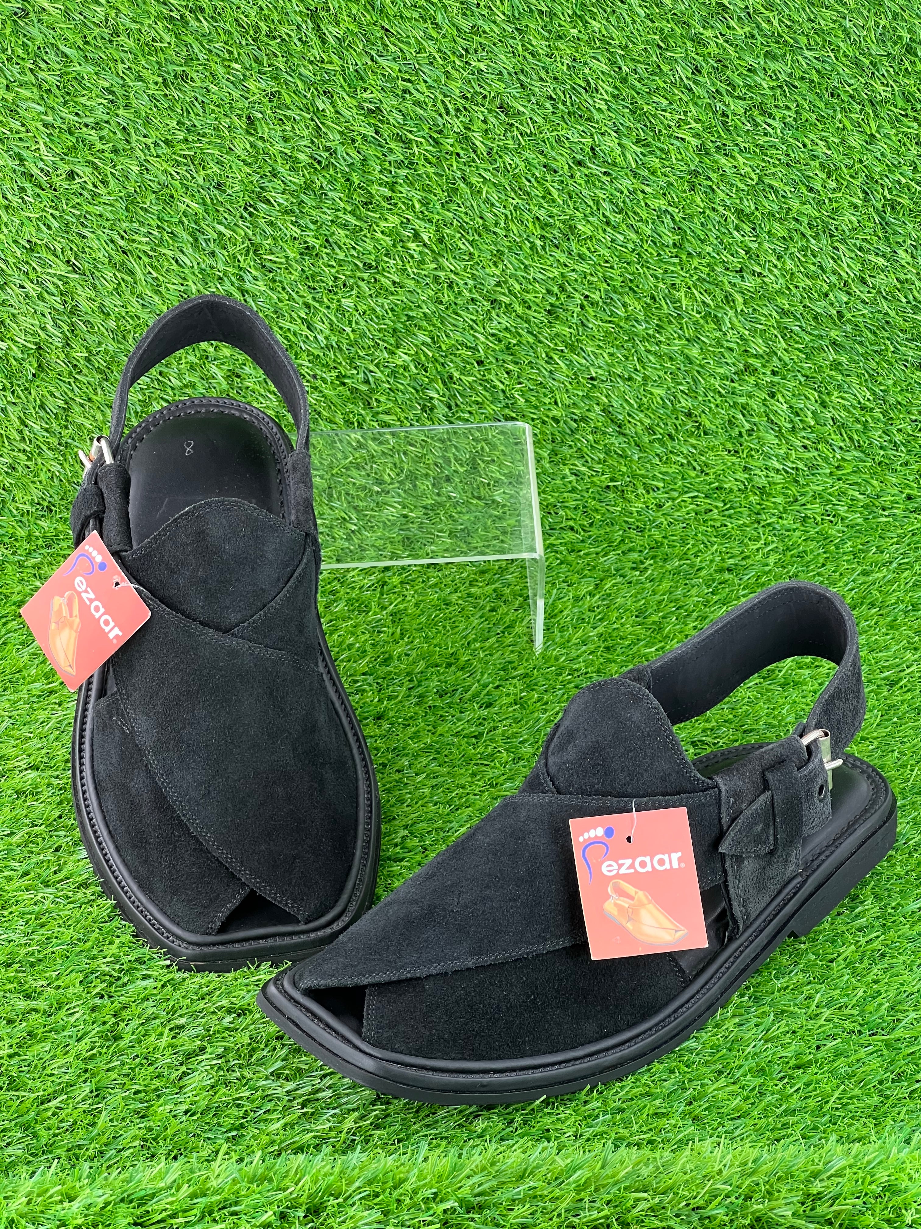 Suede Sabar single sole goll shape  peshawari chapal(Black )