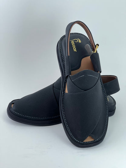 Gogo Black Texture Original Leather peshawari chapal(Light weight)