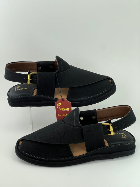 Gogo Black Texture Original Leather peshawari chapal(Light weight)